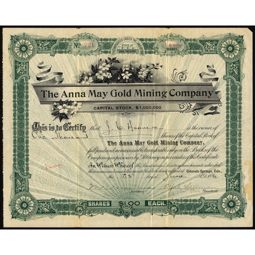 727 - U.S.A.: Anna May Gold Mining Company, Colorado, pair of certificates for $1 shares, the first 189[9]... 