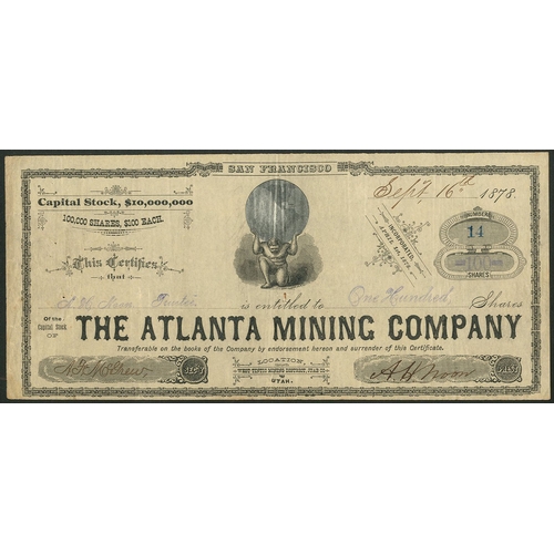 730 - U.S.A.: Atlanta Mining Company, $100 shares, 1878, #14, kneeling man with world on his shoulders, bl... 