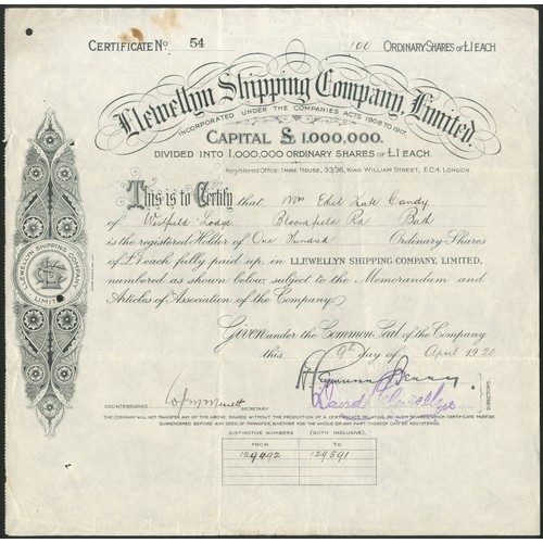 447 - Great Britain: Llewellyn Shipping Company Limited, £1 ordinary shares, 19[20], #54, scrollwork... 