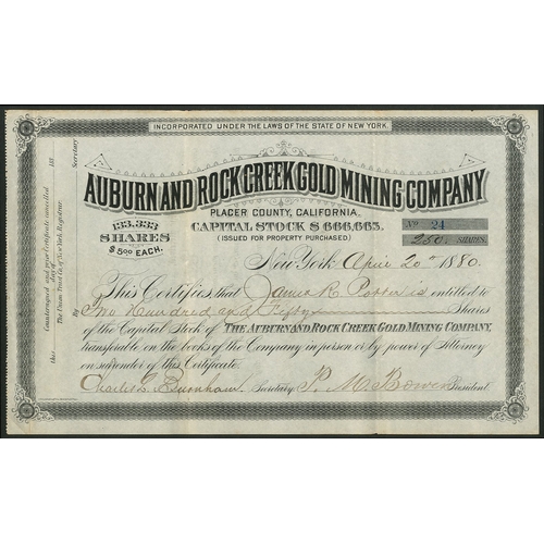 717 - ª U.S.A.: Auburn and Rock Creek Gold Mining Company, New York, $5 shares, 18[80], #24, signed b... 