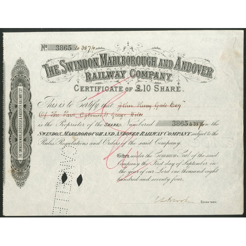 419 - Great Britain: Swindon, Marlborough and Andover Railway Co., £10 share, 1874, #3865, black, ca... 