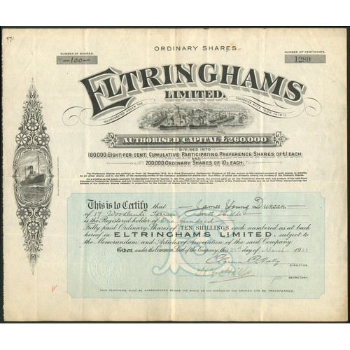 445 - ª Great Britain: Eltringhams Limited, 10 shilling ordinary shares, 19[23], #1289, facsimile signatur... 