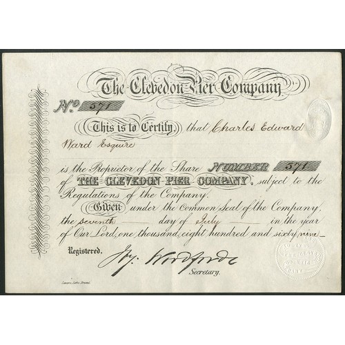 452 - Great Britain: Clevedon Pier Company, one share, 186[9], #571, black. The company was formed in 1866... 