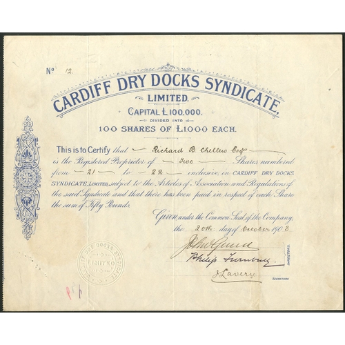 451 - Great Britain: Cardiff Dry Docks Syndicate Ltd., certificate for [2] shares of £1000 each, 190[3], #... 