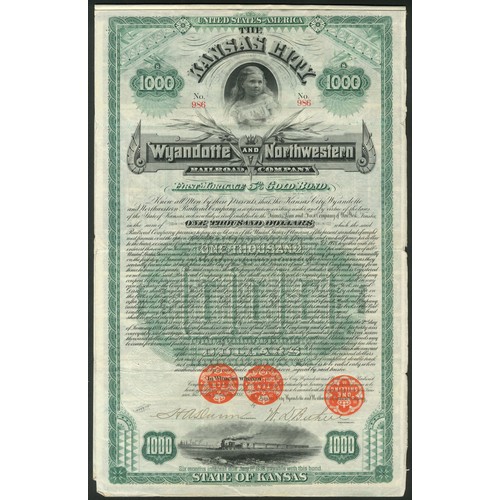 676 - U.S.A.: Kansas City, Wyandotte and Northwestern Railroad Co., first mortgage 5% gold bond, $1000, 18... 