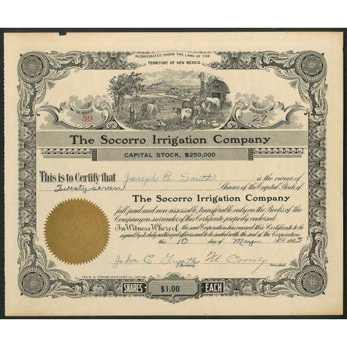 822 - U.S.A.: Socorro Irrigation Company, New Mexico, $1 shares, 190[5], #59, agricultural vignette, black... 