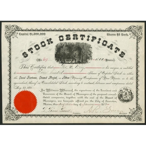 749 - U.S.A.: Good Fortune, Grand Mogul or Alton Mining Companies, New Mexico, a certificate for $5 shares... 