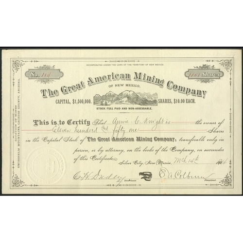 750 - U.S.A.: Great American Mining Company of New Mexico, $10 shares, Silver City 188[1904], #114, mounta... 