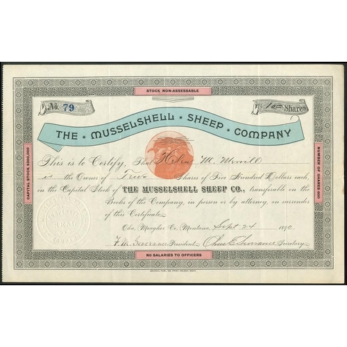 817 - U.S.A.: Musselshell Sheep Company, Montana, $500 shares, Oka, Meagher County 189[0], #79, rams head ... 