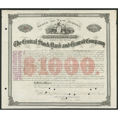 803 - ª U.S.A.: Central Stock Yard and Transit Company (NJ), 7% First Mortgage bond for $1000, 1873, #128,... 