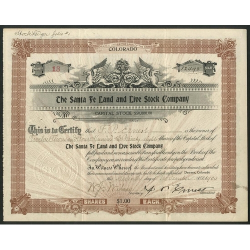 821 - U.S.A.: Santa Fe Land and Live Stock Company, Colorado, $1 shares, Denver 1[903], #13, brown and bla... 