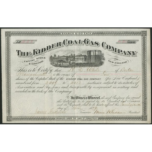 815 - U.S.A.: Kidder Coal-Gas Company, $100 shares, 18[79], #458, vignette of works, black. Signed by Mose... 