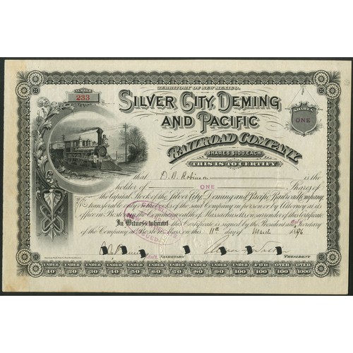 695 - U.S.A.: Silver City, Deming and Pacific Railroad Company, $100 share, 188[96], #233, steam train at ... 