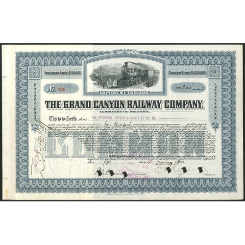 668 - U.S.A.: Grand Canyon Railway Company, Arizona Territory, $100 shares, [1906], #136, steam train at t... 