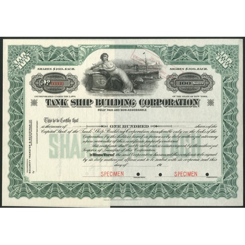 702 - U.S.A.: Tank Ship Building Corporation, a specimen certificate for 100 shares, 191-, allegorical fig... 