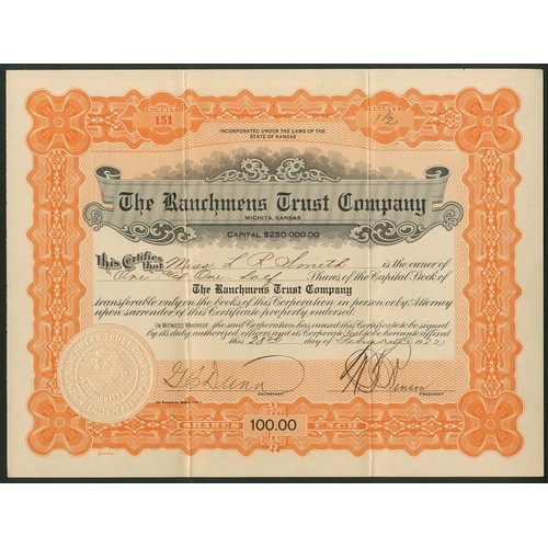 820 - ª U.S.A.: Ranchmens Trust Co. (KS), $100 shares, 19[22], #151, signed by William F. Benson as Presid... 