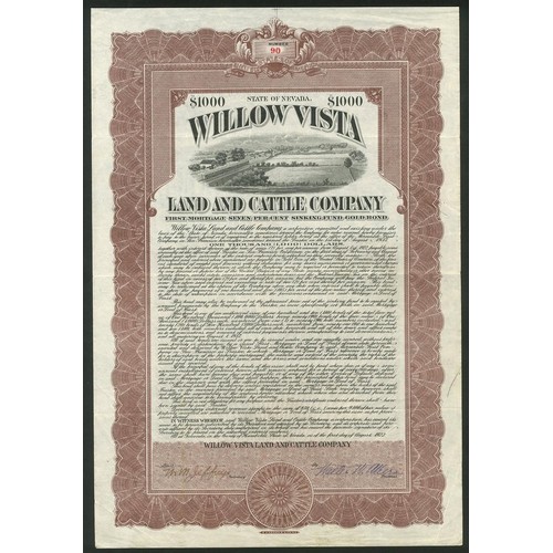 831 - U.S.A.: Willow Vista Land and Cattle Company, Nevada, First Mortgage 7% gold bond, $1000, 1922, #90,... 