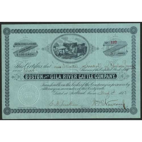 799 - U.S.A.: Boston and Gila River Cattle Company, Arizona, $1 shares, Portland, Maine 188[3], #122, catt... 