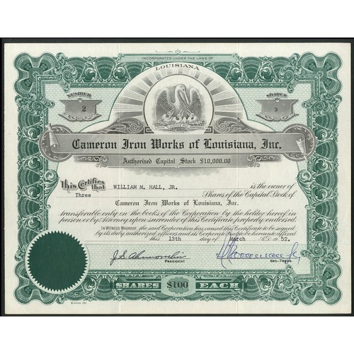 801 - ª U.S.A.: Cameron Iron Works of Louisiana Inc., $1 shares, 19[52], #2, signed by J.S. Abercrombie as... 