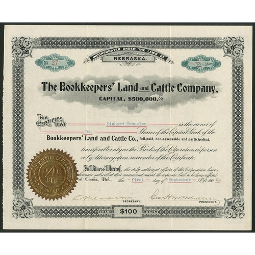 795 - U.S.A.: A group of 5 livestock companies comprising Book Keepers Land and Cattle Company, $100 share... 