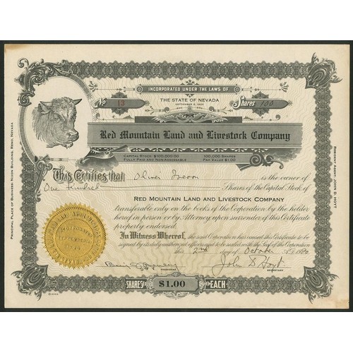 795 - U.S.A.: A group of 5 livestock companies comprising Book Keepers Land and Cattle Company, $100 share... 