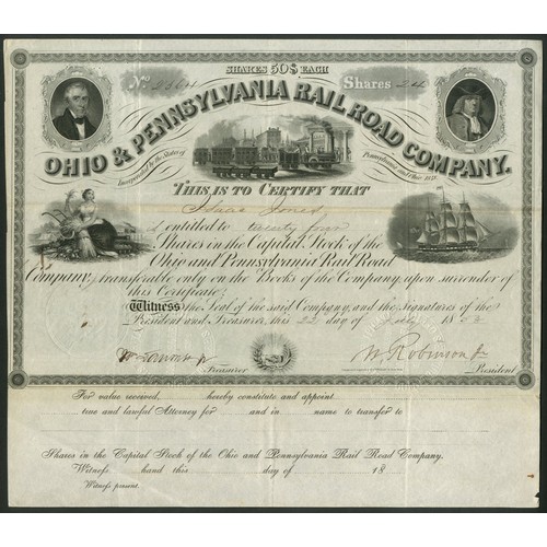 689 - U.S.A.: Ohio & Pennsylvania Rail Road Company, $50 shares, 18[53], #2364, early steam train and ... 