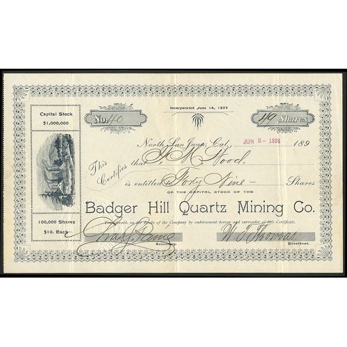 732 - U.S.A.: Badger Hill Quartz Mining Co., $10 shares, North San Juan, California 189[4], #40, mine buil... 