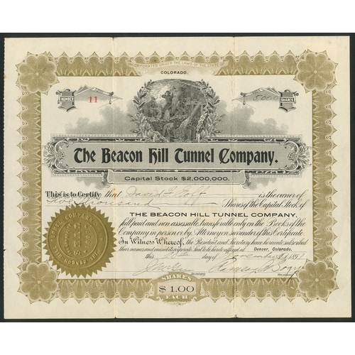 734 - U.S.A.: Beacon Hill Tunnel Company, Colorado, $1 shares, Denver 189[7], #11, miners at top, gold and... 