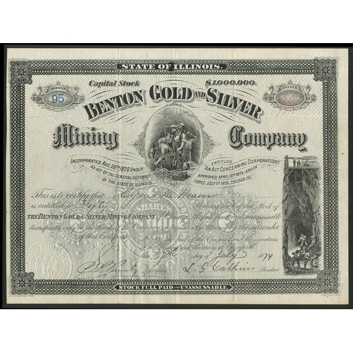 735 - U.S.A.: Benton Gold and Silver Mining Company, Illinois, $100 shares, 18[79], #95, miners in shaft, ... 