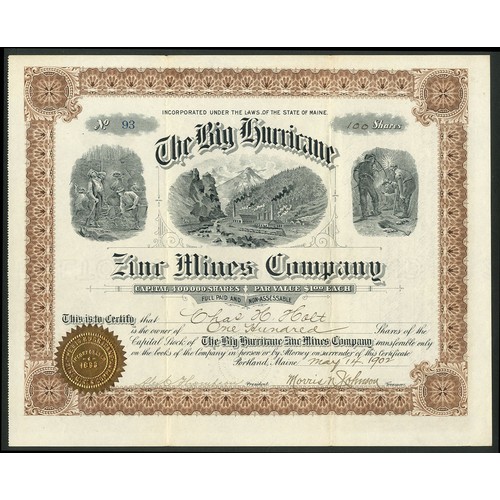 736 - U.S.A.: Big Hurricane Zinc Mines Company, $1 shares, Portland [1902], #93, mining camp in centre min... 