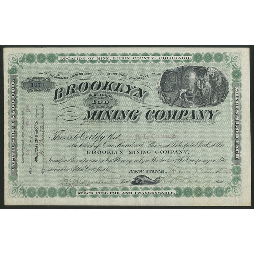 739 - U.S.A.: Brooklyn Mining Company, $1 shares, New York 18[90], #1074, miners at work top right, black ... 