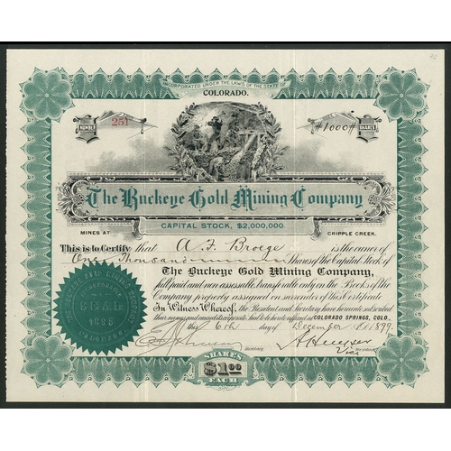 740 - U.S.A.: Buckeye Gold Mining Company, Colorado, $1 shares, 1[899], #251, miners top centre, green and... 