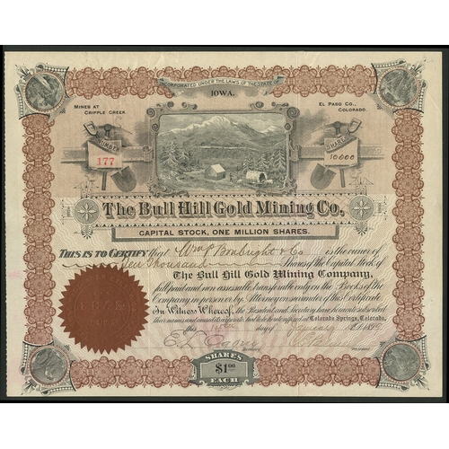 742 - U.S.A.: Bull Hill Gold Mining Co., $1 shares, Colorado Springs 189[9], #177, mining camp in centre, ... 