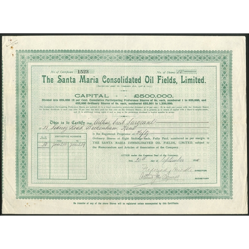 793 - U.S.A.: Santa Maria Consolidated Oil Fields Limited, 8/- Ordinary shares, 192[0], #1523, ornate bord... 