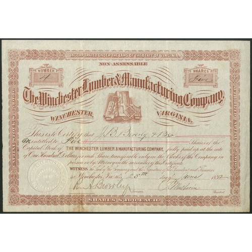 832 - U.S.A.: Winchester Lumber & Manufacturing Company, $100 shares, 189[2], #4, vignette of doors, w... 