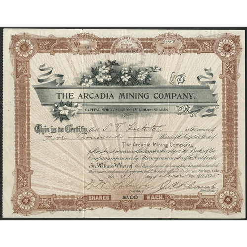 728 - U.S.A.: Arcadia Mining Company, $1 shares, Colorado Springs 189[5], #66, brown. Incorporated in Colo... 