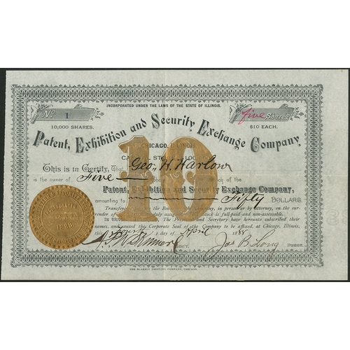 818 - U.S.A.: Patent, Exhibition and Security Exchange Company, $10 shares, Chicago 18[88], #1, black prin... 