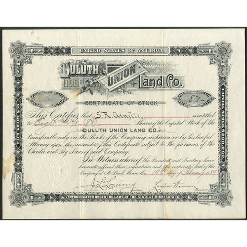 808 - U.S.A.: Duluth Union Land Company, $50 shares, St.Paul 18[89], #54, black. Incorporated in Minnesota... 