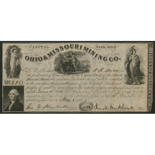 779 - U.S.A.: Ohio & Missouri Mining Company, one share of $50, 184[7], #2983, small ormat piece with ... 