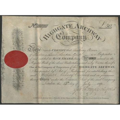 454 - Great Britain: Highgate Archway Company, £50 share, London 18[10], #587, attractive black printing, ... 