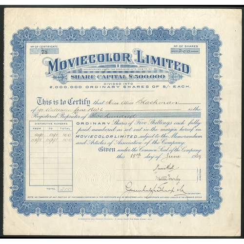 497 - Great Britain: Moviecolor Limited, 5/- shares, 19[29], #78, signed by Sir Walter Townley and the Hon... 