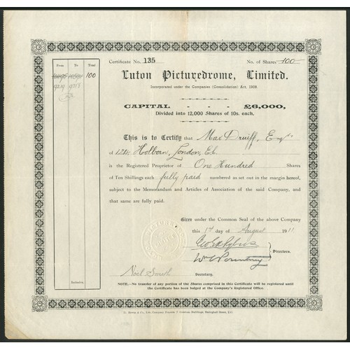 495 - Great Britain: Luton Picturedrome Limited, 10/- shares, 19[11], #135, black. Cinema opened 8th April... 