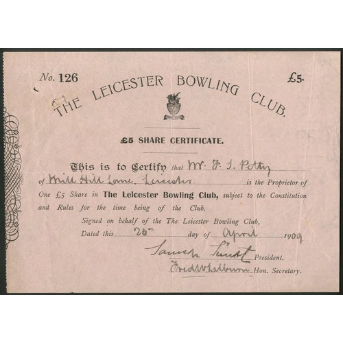 492 - Great Britain: Leicester Bowling Club, £5 share, 19[09], #126, black on pink paper. The club w... 