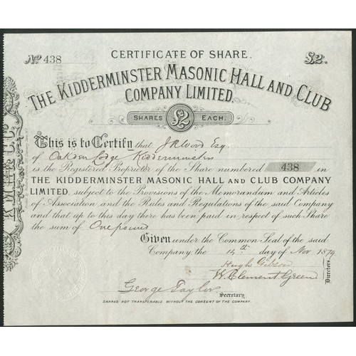 491 - Great Britain: Kidderminster Masonic Hall and Club Company Limited, £2 share, 18[79], #438, bl... 