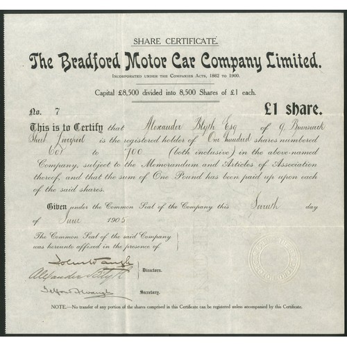 457 - Great Britain: Bradford Motor Car Company Limited, £1 shares, 190[5], #7, black. A large motor... 