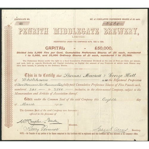 543 - Great Britain: Penrith Middlegate Brewery Ltd., cumulative preference shares of £5 each, 190[4], #48... 