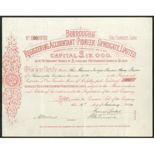 473 - Great Britain: Burrough's Registering Accountant (Pioneer) Syndicate Ltd., 1 founders share of &poun... 