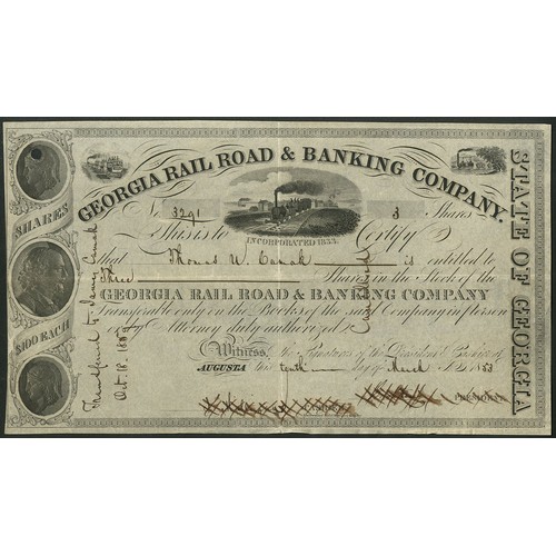 666 - U.S.A.: Georgia Rail Road & Banking Company, $100 shares, Augusta 18[53], #3291, steam train in ... 