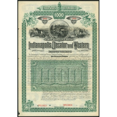 674 - U.S.A.: Indianapolis, Decatur and Western Railway Company, First Mortgage bond, 1888, $1000, a speci... 