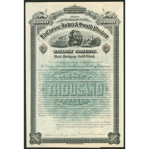 677 - U.S.A.: La Crosse, Iowa & South Western Railway Company, First Mortgage Gold Bond, 1883, $1000, ... 